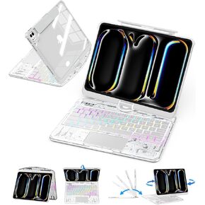 TSQQST Clear Wireless Keyboard Case for iPad Pro 11 Inch (M4) 2024 with Pencil Holder & Multi-Touch Trackpad, Visible PCB, 3-Brightness & 7-Color Backlight, 360 Rotatable, Pink
