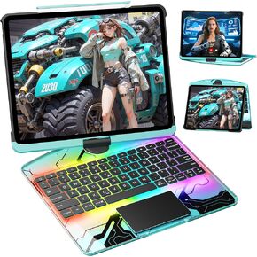 KITONE for iPad Air 11 Inch (M3/M2,2025/2024) Transperant Case with Wireless Keyboard, 7 Color Backlight, Trackpad, 360°Rotating Stand for 10.9" iPad Air 5th/4th, 11" iPad Pro 4/3/2/1 Case, Cyberpunk