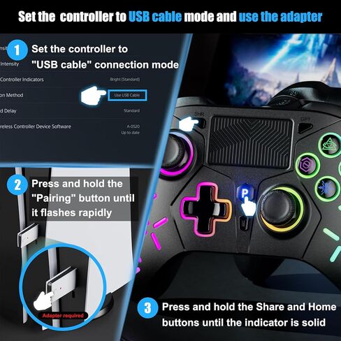 GAMROMBO LED جهاز التحكم اللاسلكي لـ PS5/PS5 PRO/PS5 مع محول 2.4 جرام ، متوافق مع PS4/SWIST/Windows ، لوحة الاهتزاز المزدوجة مع وظيفة Marco/Turbo in Kuwait
