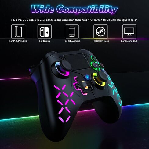 GAMROMBO LED جهاز التحكم اللاسلكي لـ PS5/PS5 PRO/PS5 مع محول 2.4 جرام ، متوافق مع PS4/SWIST/Windows ، لوحة الاهتزاز المزدوجة مع وظيفة Marco/Turbo in Kuwait