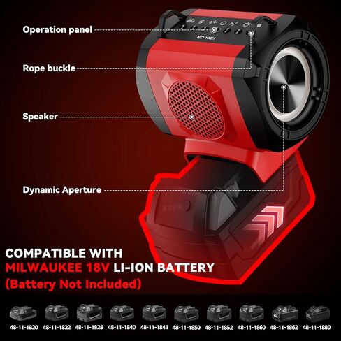 Bluetooth Speaker for Milwaukee 18V Battery, 20W Portable Mini Stereo Sound Speaker with USB-A/C Fast Connector, 3 Colorful Modes and TWS Pairing, Suitable for Camping, Home, Jobsite and Party in Saudi Arabia