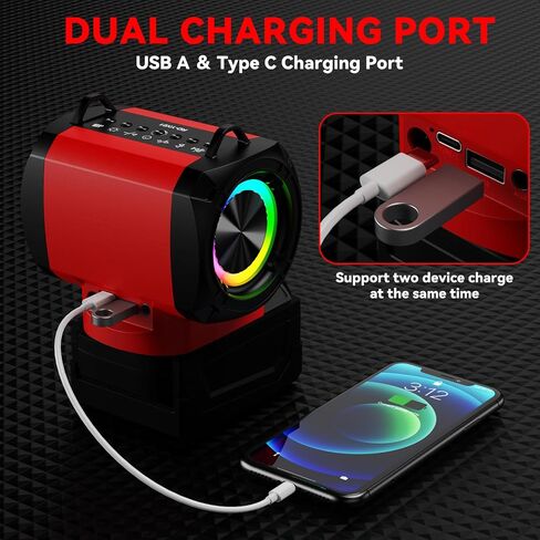 Bluetooth Speaker for Milwaukee 18V Battery, 20W Portable Mini Stereo Sound Speaker with USB-A/C Fast Connector, 3 Colorful Modes and TWS Pairing, Suitable for Camping, Home, Jobsite and Party in Saudi Arabia