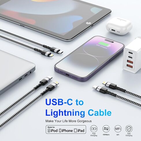 USB C إلى كبل البرق ، 3pack (6.6/6.6/10ft) كبل الشاحن السريع iPhone ، [Apple MFI معتمد in Saudi Arabia