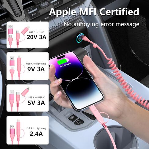 2Pack Apple CarPlay Coiled Multi 4-in-1 USB A/Type C to USB-C/Lightning Cable for Car,60W Fast Charge &Data Sync 4Ft Short Charger Cord for iPhone 14/13/12/11 SE/Xr/iPad Pro,Android,Samsung【MFi】-Black in Saudi Arabia