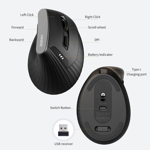 Uineer Ergonomic Vertical Mouse, 2.4G Wireless Mouse, Rechargeable, 4-DPI in Kuwait