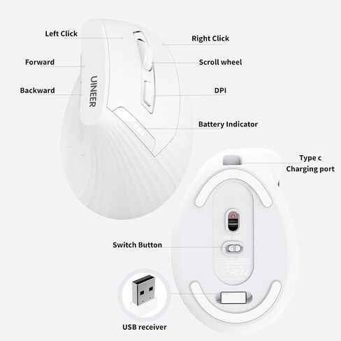 الماوس اللاسلكي الرأسي ، 2.4 جرام من الماوس القابل لإعادة الشحن مع مؤشر البطارية ، 4 مستويات DPI ، تصميم مريح للراحة وسلالة المعصم المخفضة ، مثالية للاستخدام في المنزل ، والمكتب (أسود) in Kuwait