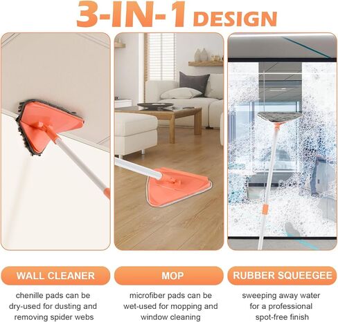 Wall Cleaner Triangle Mop with 82'' Long Handle - Wall Scrubber, Cleaning Washer Tool with 6 Microfiber Chenille Duster Pads for Clean Walls, Ceiling, Windows, Floors, Baseboards in Saudi Arabia