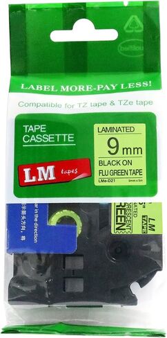 1/Pack LM TAPES-LMED21 Premium 3/8 "طباعة سوداء على ملصق خضراء ساطع متوافق مع شريط P-Touch Tze-D21 ويتضمن دليل لون/حجم الشريط. يستبدل TZ-D21 9mm 0.35 مغلفة. in Kuwait