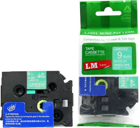 1/Pack LM TAPES-LMED21 Premium 3/8 "طباعة سوداء على ملصق خضراء ساطع متوافق مع شريط P-Touch Tze-D21 ويتضمن دليل لون/حجم الشريط. يستبدل TZ-D21 9mm 0.35 مغلفة. in Kuwait