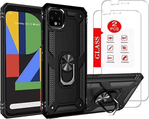 for Google Pixel 4 XL Case with [2 Pack] Tempered Glass Screen Protector, for Google Pixel 4XL Case [Military-Grade] Protective，with Magnetic Ring Stand Phone Cover Black in Kuwait