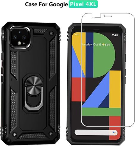 for Google Pixel 4 XL Case with [2 Pack] Tempered Glass Screen Protector, for Google Pixel 4XL Case [Military-Grade] Protective，with Magnetic Ring Stand Phone Cover Black in Kuwait