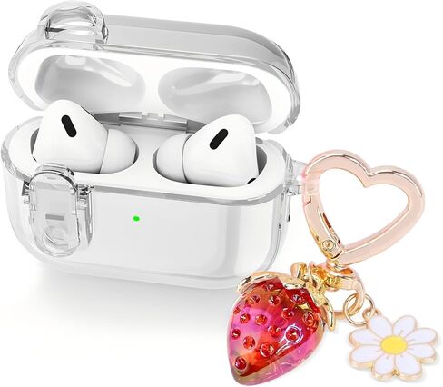 (with Safety Lock) Compatible with Airpods Pro 2nd/1st Generation Cases Women Girls, Cute Soft TPU Clear Case Cover for Apple AirPods Pro 2 Case with Strawberries Keychain for Airpod iPod Pro 2/1 in Kuwait