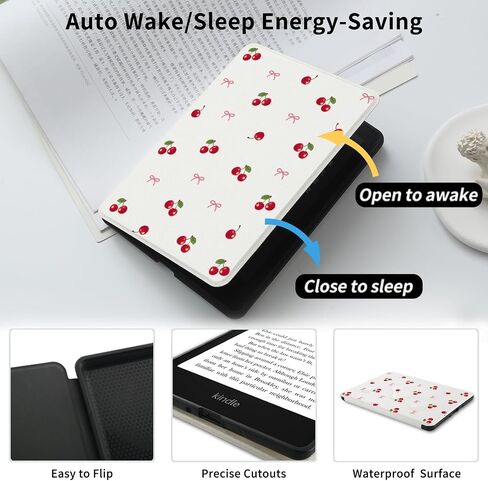 علبة Kawaii Cherry لـ Kindle Paperwhite 12th Generation 7 Inch & Kindle Colorsoft Signature Edition 2024 مع حزام يدوي غطاء الورقة الجلدية بو مع النوم التلقائي/الاستيقاظ in Kuwait