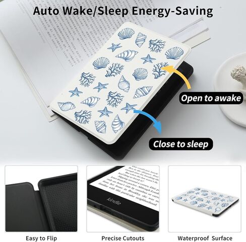 حالة صدف الأزرق لـ Kindle Paperwhite 12th Generation 7 Int & Kindle Colorsoft Signature Edition 2024 إطلاق مع غطاء الورقة الجلدية المحمولة بحزام اليد مع النوم التلقائي/الاستيقاظ in Kuwait