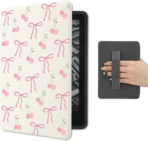 علبة Kawaii Cherry لـ Kindle Paperwhite 12th Generation 7 Inch & Kindle Colorsoft Signature Edition 2024 مع حزام يدوي غطاء الورقة الجلدية بو مع النوم التلقائي/الاستيقاظ in Saudi Arabia