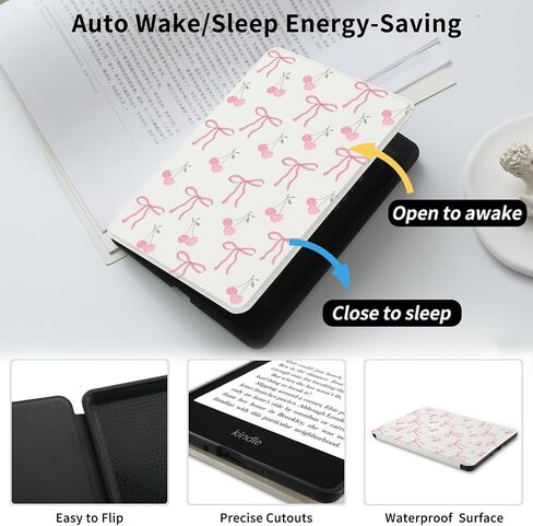 علبة Kawaii Cherry لـ Kindle Paperwhite 12th Generation 7 Inch & Kindle Colorsoft Signature Edition 2024 مع حزام يدوي غطاء الورقة الجلدية بو مع النوم التلقائي/الاستيقاظ in Saudi Arabia