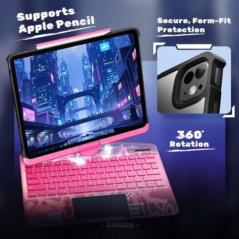 KITONE for iPad Air 11 Inch (M3/M2,2025/2024) Transperant Case with Wireless Keyboard, 7 Color Backlight, Trackpad, 360°Rotating Stand for 10.9" iPad Air 5th/4th, 11" iPad Pro 4/3/2/1 Case, Cyberpunk in Saudi Arabia