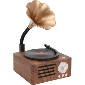 Vintage Record Player, Portable Wood Grain Turntable with Copper Horn, FM Radio Function, Compact Bluetooth Speaker, for Entertainment Home Decoration