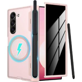 for Samsung Galaxy Z Fold 6 Case with S Pen Holder & Stylus,Fold6 Magnetic Case with Privacy Screen Protector Hinge Protection Compatible with Magsafe Pen Slot Cover for Z Fold 6 Pink