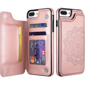 UEEBAI Case for iPhone 6 Plus iPhone 6S Plus,Luxury PU Leather Case [Two Magnetic Clasp] [Card Slots] Stand Function Embossed Mandala Pattern Half Flower Durable Soft TPU Back Wallet Cover - Blue#2