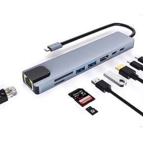 USB C Hub Ethernet, 8 in 1 Multiport USB C to HDMI Adapter 4K, 100Mbps, 100W PD, SD/TF Card Reader, 2 USB/ 2 USB-C Ports, Ethernet Adapter with 4K HDMI for MacBook Pro, iPad Air, HP, Dell, etc