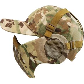 AOUTACC Half Face Airsoft Mesh Mask and Cap Set, Tactical Foldable Mesh Mask with Ear Protection for Airsoft Paintball BB Gun with Adjustable Baseball Cap
