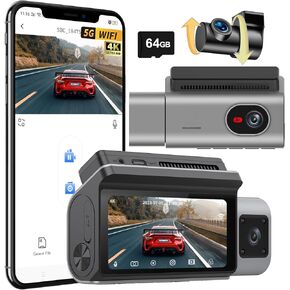 3 قناة داش كاميرا مع 4K + 1080p + 1080p الأمامية والخلفية من الداخل ، 5 جيجا هرتز WiFi GPS ، الرؤية الليلية ، وضع وقوف السيارات ، شاشة تعمل باللمس 3.69 "، تسجيل حلقة بطاقة 64 جيجابايت