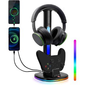 Xbox Charging Station with RGB Headphone Stand – Controller Charger Dock, Dual USB Ports & LED Lights, Compatible with Xbox One, Series X/S, One X, One S