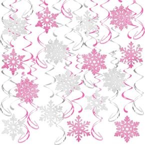32 Pcs Pink Silver Glitter Snowflake Hanging Swirls Decoration Christmas Ceiling Decorative Streamers Snowflake Ornaments Garland Winter Holiday Wonderland Frozen Party Supplies