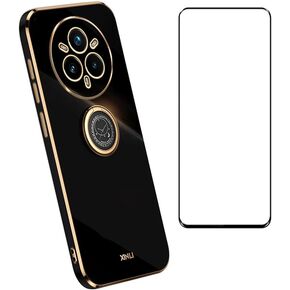 Compatible with Realme 14 Pro+ 5G Case Slim Soft Cover with Screen Protector,TPU Bumper with Kickstand Ring Holder Protective Cover,Black