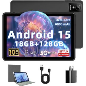 Tablet 10 Inch, 2025 Android 15 Tablets, 18GB+128GB, 1TB Expand, Widevine L1 Compatible Octa-Core Tablet with WiFi 6, 6000mAh Battery, Dual Camera(5MP+8MP)