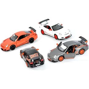 KiNSMART Porsche 911 GT3 RS SetOf4 1:36 Scale 5" Die Cast Model Toy Super Sports Car White/Orange/Silver/Black