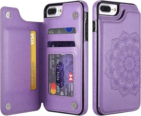 UEEBAI Case for iPhone 6 Plus iPhone 6S Plus,Luxury PU Leather Case [Two Magnetic Clasp] [Card Slots] Stand Function Embossed Mandala Pattern Half Flower Durable Soft TPU Back Wallet Cover - Blue#2 in Saudi Arabia
