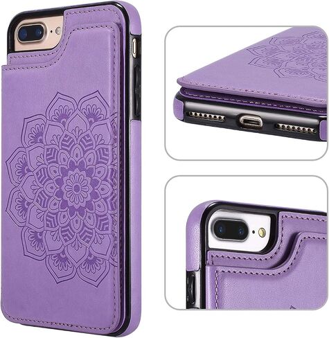 UEEBAI Case for iPhone 6 Plus iPhone 6S Plus,Luxury PU Leather Case [Two Magnetic Clasp] [Card Slots] Stand Function Embossed Mandala Pattern Half Flower Durable Soft TPU Back Wallet Cover - Blue#2 in Saudi Arabia