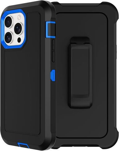 RubCase for iPhone 13 Pro Case with 2X Screen Protector, Dual Layer Bumper Cover with Belt Clip Holster & Kickstand, Full Body Heavy Duty Rugged Phone Case for iPhone 13 Pro 6.1" (Black/Blue) in Kuwait