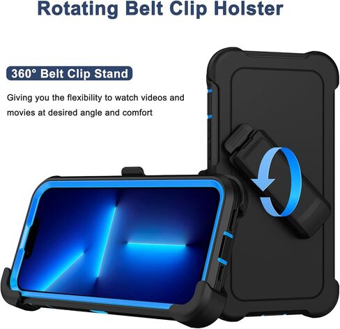 RubCase for iPhone 13 Pro Case with 2X Screen Protector, Dual Layer Bumper Cover with Belt Clip Holster & Kickstand, Full Body Heavy Duty Rugged Phone Case for iPhone 13 Pro 6.1" (Black/Blue) in Kuwait