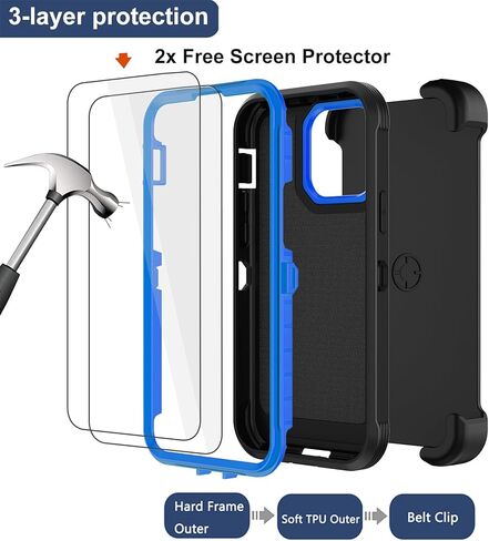RubCase for iPhone 13 Pro Case with 2X Screen Protector, Dual Layer Bumper Cover with Belt Clip Holster & Kickstand, Full Body Heavy Duty Rugged Phone Case for iPhone 13 Pro 6.1" (Black/Blue) in Kuwait