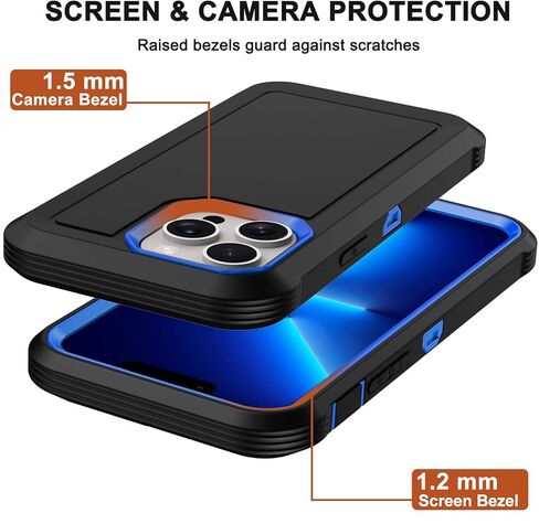 RubCase for iPhone 13 Pro Case with 2X Screen Protector, Dual Layer Bumper Cover with Belt Clip Holster & Kickstand, Full Body Heavy Duty Rugged Phone Case for iPhone 13 Pro 6.1" (Black/Blue) in Kuwait