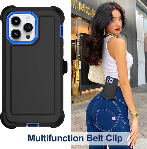 RubCase for iPhone 13 Pro Case with 2X Screen Protector, Dual Layer Bumper Cover with Belt Clip Holster & Kickstand, Full Body Heavy Duty Rugged Phone Case for iPhone 13 Pro 6.1" (Black/Blue) in Kuwait