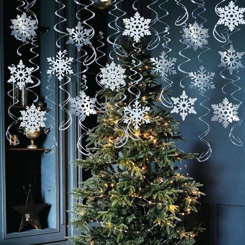 32 Pcs Pink Silver Glitter Snowflake Hanging Swirls Decoration Christmas Ceiling Decorative Streamers Snowflake Ornaments Garland Winter Holiday Wonderland Frozen Party Supplies in Kuwait