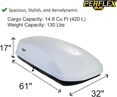 Perflex Journey Roof Cargo Box Carrier 14.8 Cubic Feet Car Top Mount Travel Luggage Storage, Passenger Side Opening, 130 Lbs Weight Capacity, Keys, Strap (White) in Kuwait