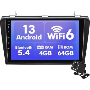 Android 13 Car Radio for 2+32G Mazda 3 2004-2009 9'' 1280*720 Touchscreen Car Stereo with Carplay Android Auto Backup Camera Mirror Link GPS Navigation WiFi 6 Bluetooth 5.4 FM Steering Wheel Controls