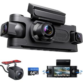 4 Channel Dash Cam Front and Rear Inside Left Right, 1080P Dash Camera for Cars, Night Vision,360 Degree View,Support Optional GPS, 24/7 Recording Parking Mode Monitor, Free 64G Card