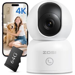 ZOSI 4K Indoor Security Camera, C518 WiFi Pan/Tilt Pet/Dog/Baby Plug-in IP Camera, Auto Tracking, AI Human/Face/Pet Detection, 360° View, Night Vision, 2-Way Audio, 5GHz/2.4GHz WiFi, 64G Memory Card