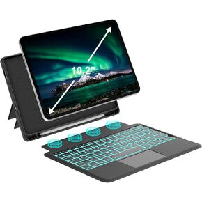 Touch for iPad 9th/8th/7th Generation Case with Keyboard 10.2 Inch, Multi-Touch Trackpad, 7 Color Backlit, Detachable Magnetic Folio Cover with Pencil Holder for iPad Air 3rd Gen/iPad Pro 10.5" Black
