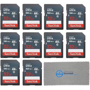SanDisk 32GB Ultra SD Memory Card (10 Pack) SDHC UHS-I Card Class 10 (SDSDUNR-032G-GN3IN) Bundle with 1 Everything But Stromboli Microfiber Cloth