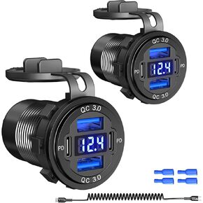 Qidoe 2 Pack 90W USB Outlet 12V Qidoe Dual 30W PD & Dual Quick Charge 3.0 Aluminum USB C Car Charger Socket with Voltmeter for Car Boat Marine RV