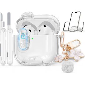 with Safety Lock Compatible with Apple AirPods 4 Case 2024,Clear Cases with Phone Stand & Cleaning Kit,Soft TPU Cover for AirPods 4th Generation Case,Cute Bling Keychain for Women Girls-Clear Pink