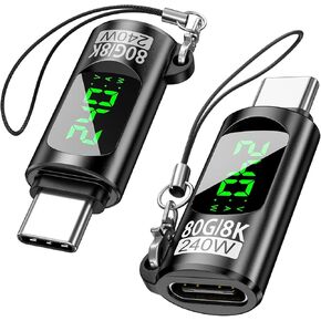 240W USB C Adapter Power Meter Tester, 2 Pack Voltage Current Power LED Digital Display, 80 Gbps Type C Male to Female Extension Connector for iPhone 15/16, MacBook, iPad & More USB-C Cables/Devices