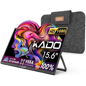Kado Portable Monitor 15.6'' FHD 1080p, 100% sRGB Ultra-Slim Laptop Monitor 1920x1080, IPS Display 180° Kickstand Protective Case Sleeve for PC, Mac, Phone, Xbox, PS5, USB-C & HDMI Connectivity